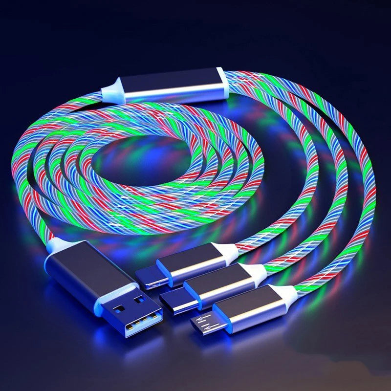 3 in 1 LED Flowing Magnetic Charging Cable Magnetic Phone Charger Light Up Shining USB C Cable Android Micro USB Type C iPhone
